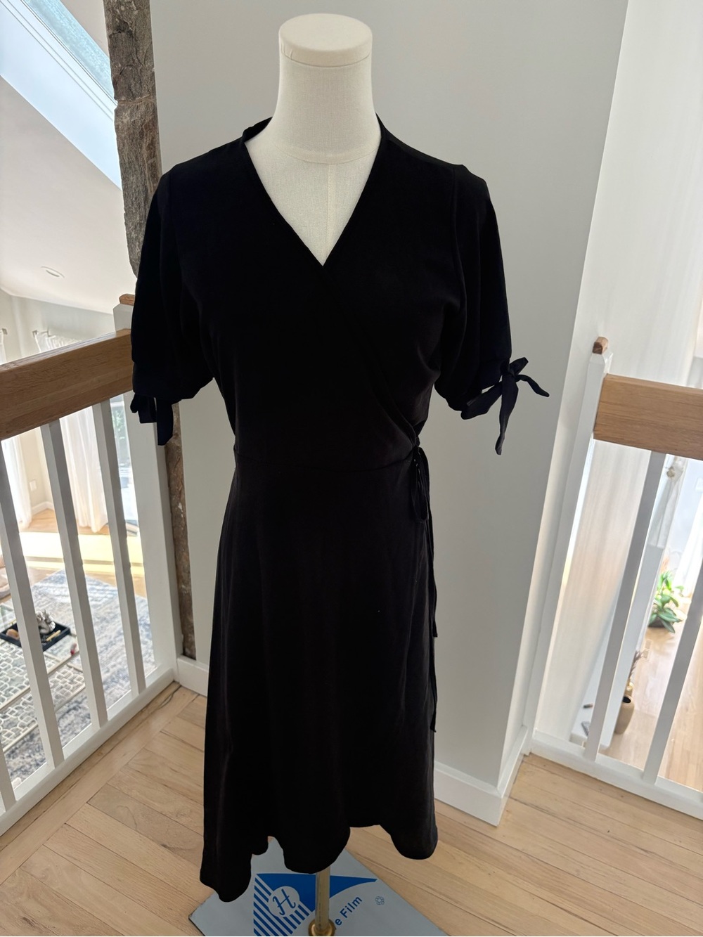Boohoo Black Wrap Midi Dress with Tie Sleeves